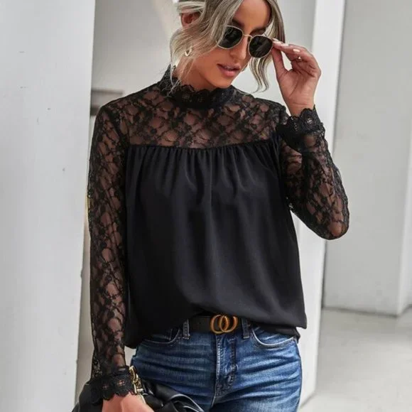 Contemporary Lace Insert Mock Neck Blouse top Blac - Picture 6 of 6